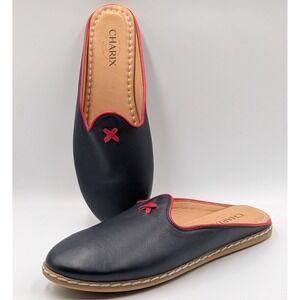 Charix Navy Blue Leather Mules Red Trim Artisan Slip On Shoes Womens 42EU/11.5US